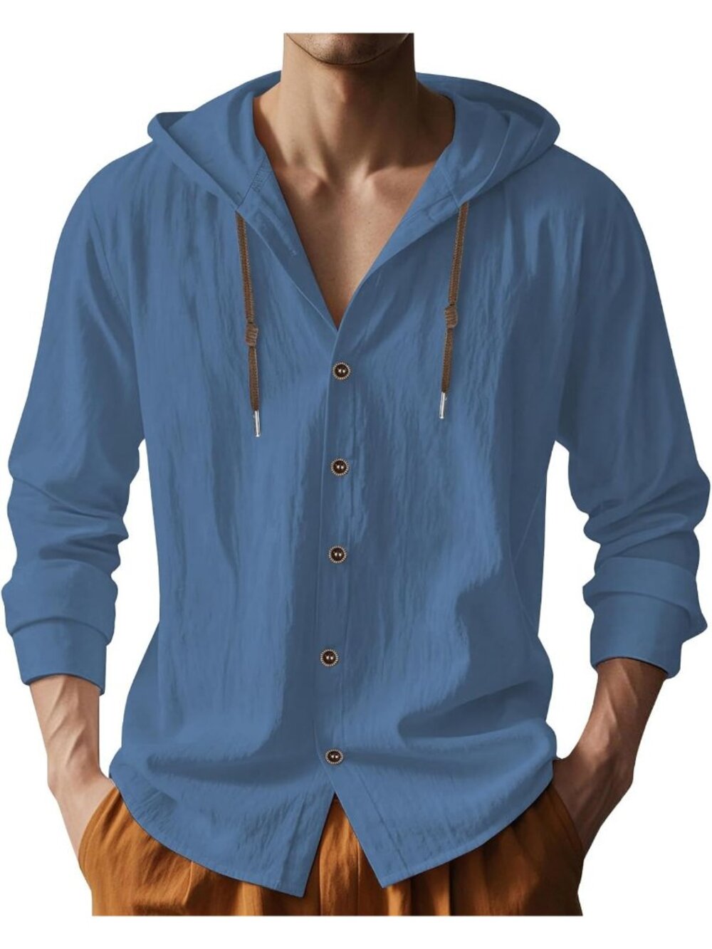 Men's Blue Cotton Linen Long Sleeve Top Casual Lightweight Button Down Hoodie